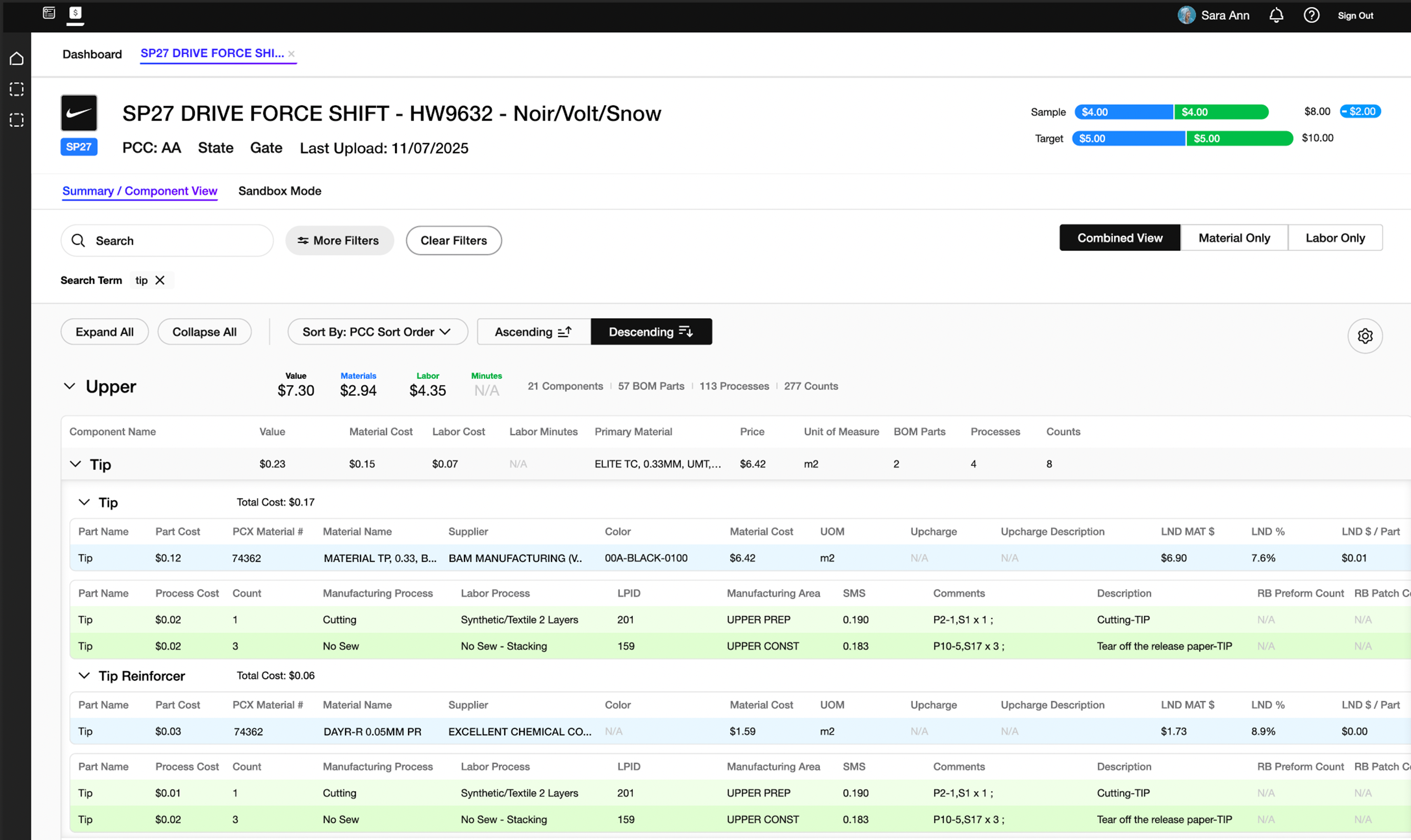Component Costing combined view